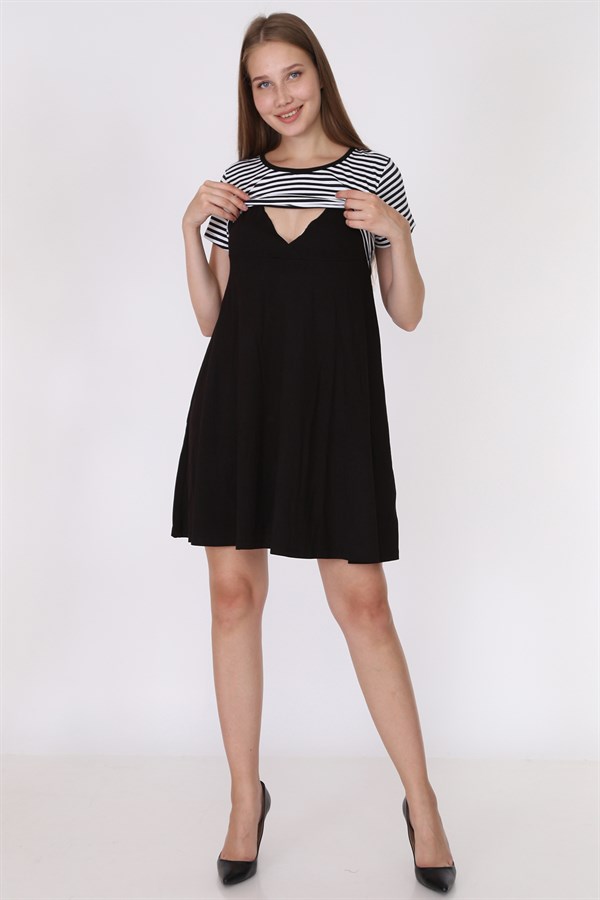 Luvmabelly 5850 - Üstü Siyah Çizgili Altı Siyah Yarım Kollu Emzirme Elbise