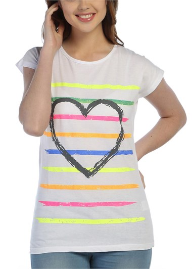 3004 - Beyaz Bayan Kalpli Çizgili T-Shirt
