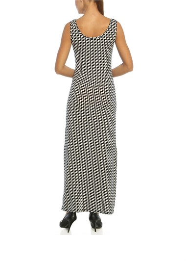 3075 - Lacivert Çapraz Çizgi Desenli Uzun Elbise