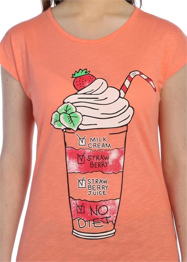 3021 - Turuncu Bayan Milkshake Desenli Baskılı T-Shirt