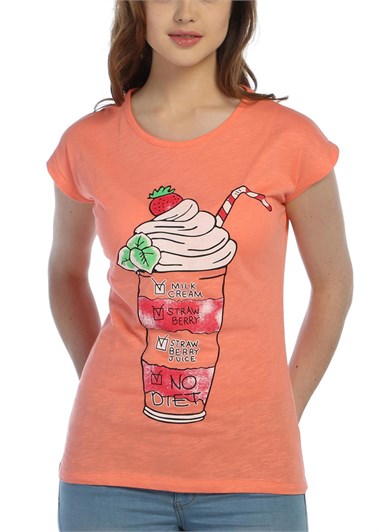 3021 - Turuncu Bayan Milkshake Desenli Baskılı T-Shirt
