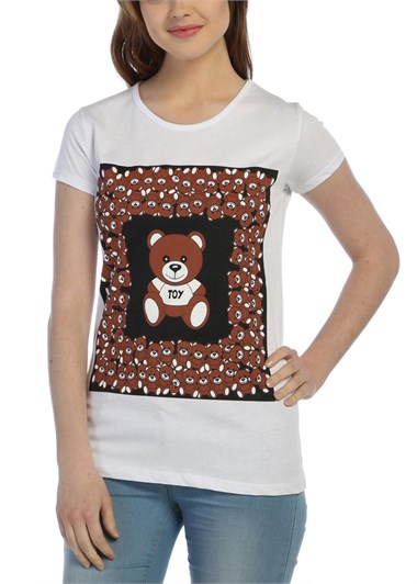 3010 - Beyaz Bayan Ayıcık Desenli Baskılı T-Shirt