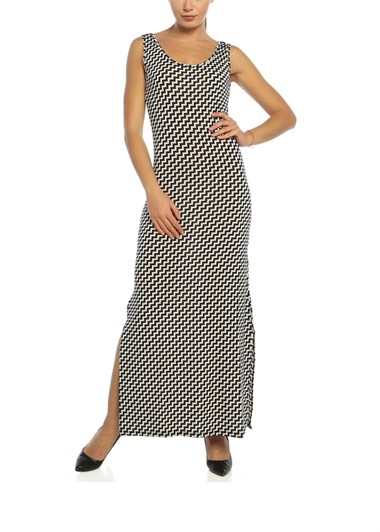 3075 - Lacivert Çapraz Çizgi Desenli Uzun Elbise
