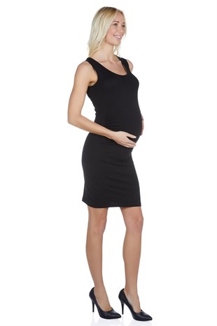 LuvmaBelly  Maternity 5007 Düz Siyah Büzgülü Hamile Elbisesi