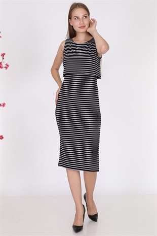 Luvmabelly 5550 - Siyah Çizgili Kolsuz Yırtmaçlı Emzirme Elbise