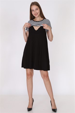 Luvmabelly 5850 - Üstü Siyah Çizgili Altı Siyah Yarım Kollu Emzirme Elbise