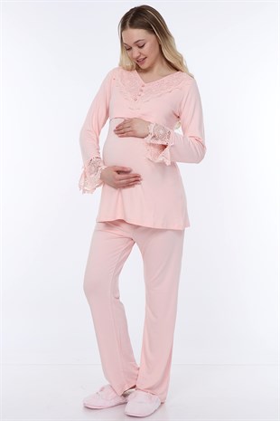 Luvmabelly MYRA9512 - Dantelli Düğmeli Flaplı Hamile Pijama Takımı - Pembe
