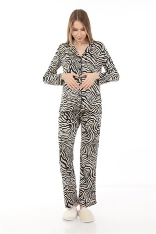 Luvmabelly MYRA9540 Düğmeli Biyeli Hamile Pijama Takımı -Zebra