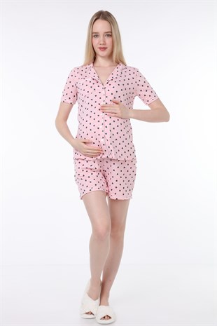 Luvmabelly MYRA9560 Düğmeli Biyeli Hamile Şortlu Pijama Takımı -Kalpli
