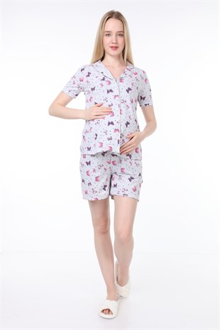 Luvmabelly MYRA9561 Düğmeli Biyeli Hamile Şortlu  Pijama Takımı -Kelebekli