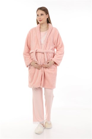 Luvmabelly MYRA9700 Peluş Sabahlıklı Hamile Pijama Takımı -Pembe